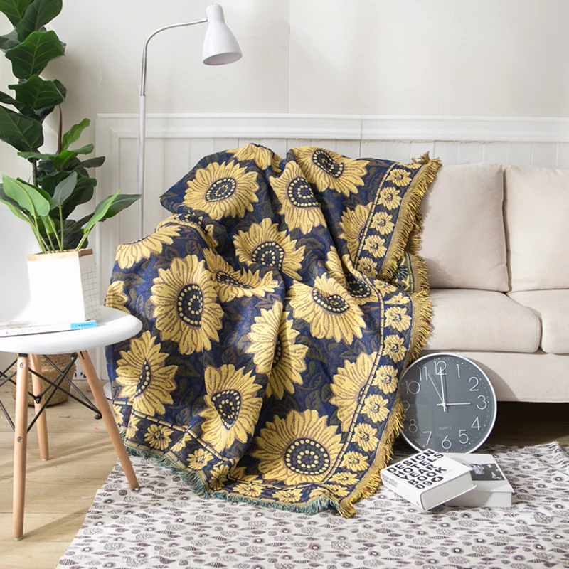 Boho Throw Blanket Fringe - Tekstil şehir Ins kırsal mavi ayçiçeği